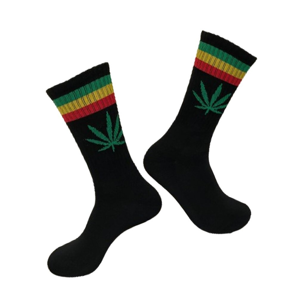 Marijuana Weed Leaf Men/Women sport socks (Black with Stripes & Green Leaves)